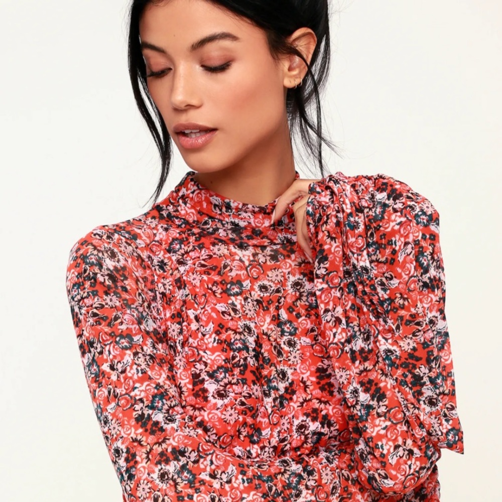 Free People Orange and Black Crop Tie Front Blouse
